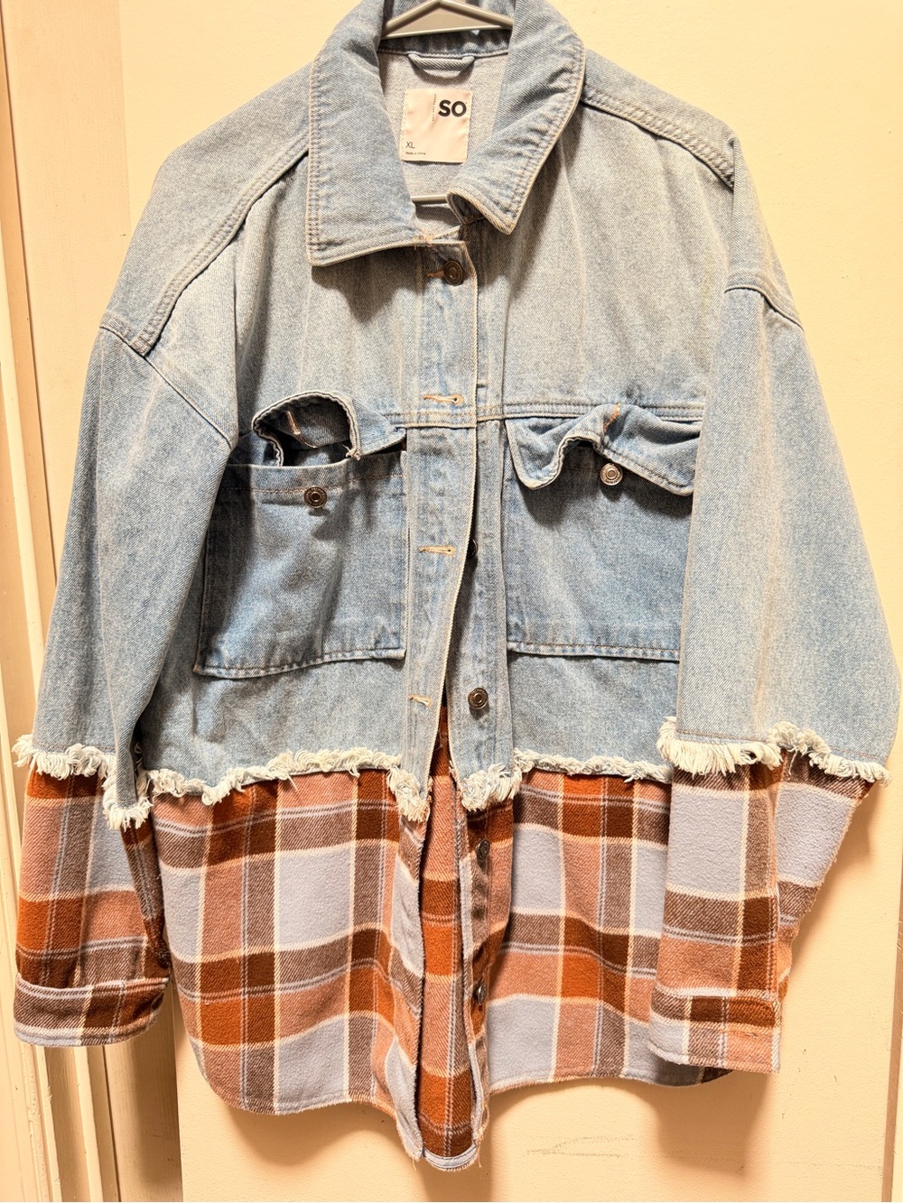SO Two-Tone Denim & Plaid Shacket - Light Blue and Brown